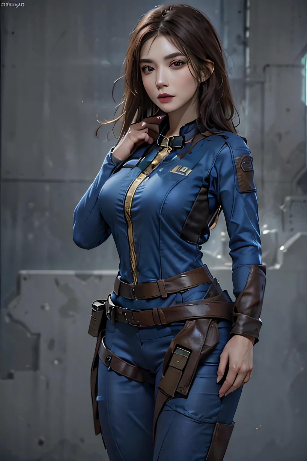 photorealistic, high resolution, 1women, solo, hips up, look at viewer, (detailed face), dark brown hair, long hair, fallout vaultsuit pipboy3000, blue suit