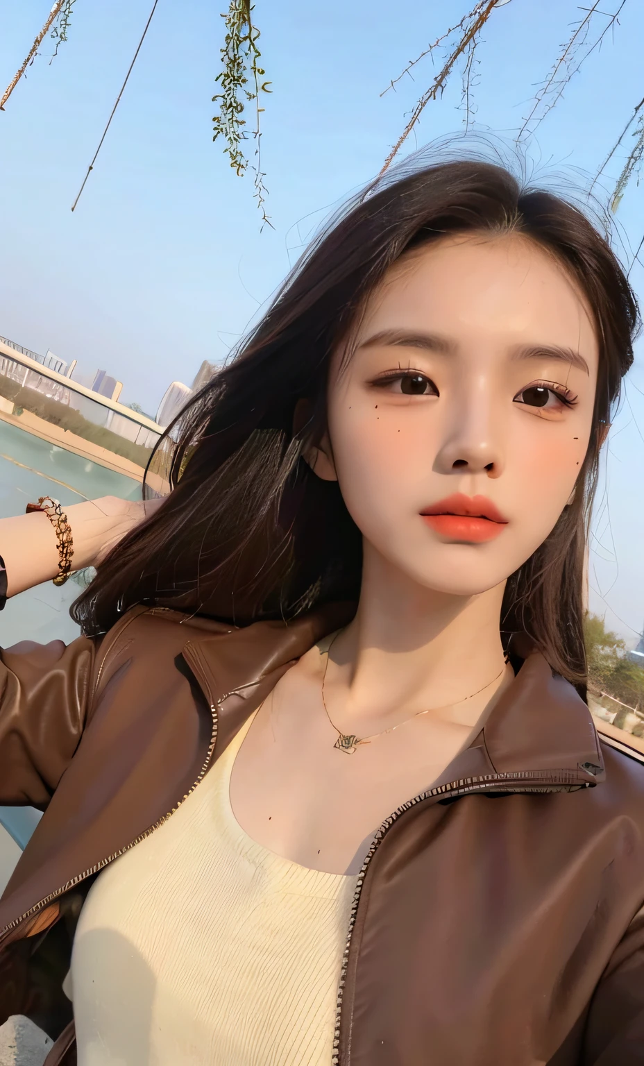 Close-up of a woman with long hair in a brown jacket, xintong chen, wenfei ye, zeng fanzh, zmonzheng, 8k selfie photograph, Yun Ling, Chinese girl, gorgeous chinese models, Xianxia, Li Zixin, chengyou liu, yanjun cheng, song nan li, trending at cgstation