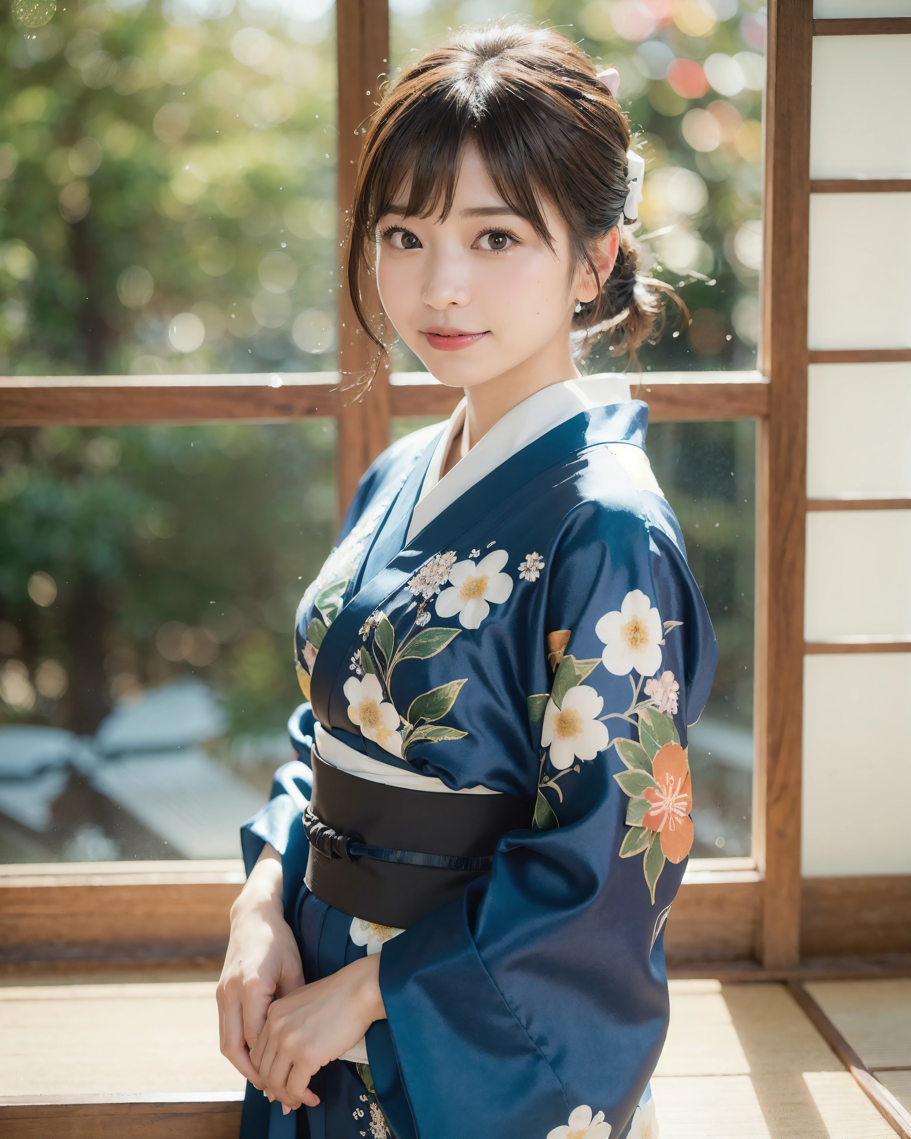 best quality, ultra high res, (photorealistic:1.4), RAW photo, (upper waist:1.4), (bokeh:1.7),(Window light only:1.6), (in bright japanese-style room:1.5),(bright:1.5)
1japanese girl, (solo), (smile:1.2,open mouth:0.7), (dark brown eyes), natural skin, (brown updo hair,bangs),standing
(blue silk kimono),(obi)
