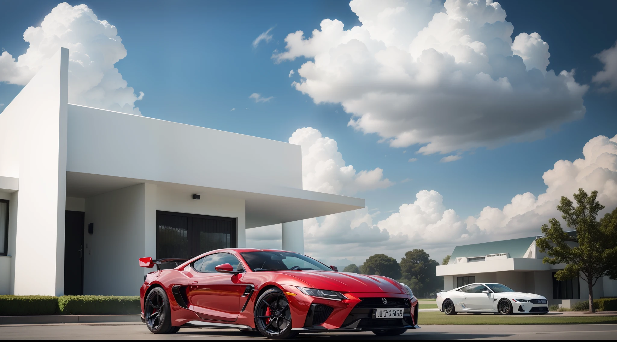 A modern white house. Clouds in the sky. Day time.1 red sports car by the side.