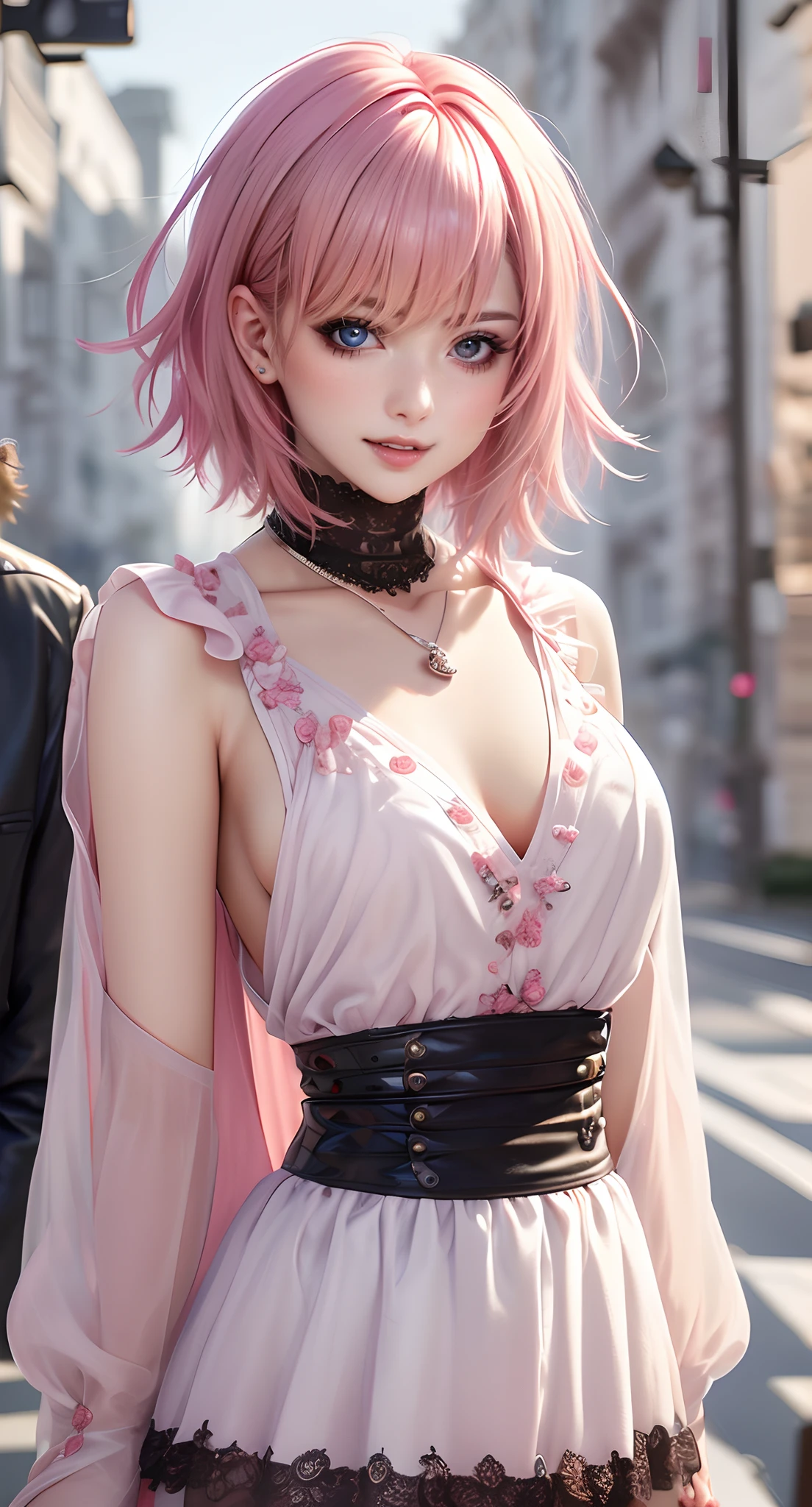 ​masterpiece, top-quality, ((1womanl)), Adults, different color, finely eye and detailed face, intricate detailes, Casual black and white attire((Sexy clothes)), window, A smile, Happiness, tenderness, high-level image quality、 selfee, Beautuful Women、tall、a small face, D-cups, The upper part of the body、nightfall, nighttime scene、𝓡𝓸𝓶𝓪𝓷𝓽𝓲𝓬、Korea person, Idol Photos, Model photo, k pop, Professional Photos, Vampires, Korean fashion in black and white, Fedoman with necklace, inspired by Sim Sa-jeong, androgynous vampire, :9 detailed face: 8, extra detailed face, detailed punk hair, ((eyes are brown)) baggy eyes, Seductive. Highly detailed, semi realistic anime, Vampires, hyperrealistic , Delicate androgynous princess, imvu, ((short hair woman)), Pink hair woman with wild look, Sexy look, ((Woman with short pink hair)), ((1 persons))
