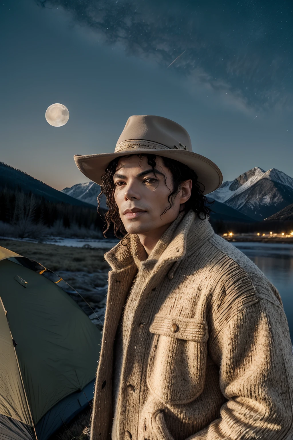 Michael Jackson, masterpiece, best quality, ultra-detailed, solo, outdoors, (night), mountains, nature, (stars, moon) cheerful, happy, backpack, sleeping bag, camping stove, water bottle, mountain boots, gloves, sweater, hat, flashlight, forest, rocks, river, wood, smoke, shadows, contrast, clear sky, analog style (look at viewer:1.2) (skin texture) (film grain:1.3), (warm hue, warm tone) :1.2), close up, cinematic light, sidelighting, ultra high res, best shadow, RAW, upper body, , wearing pullover
kodak vision 3,