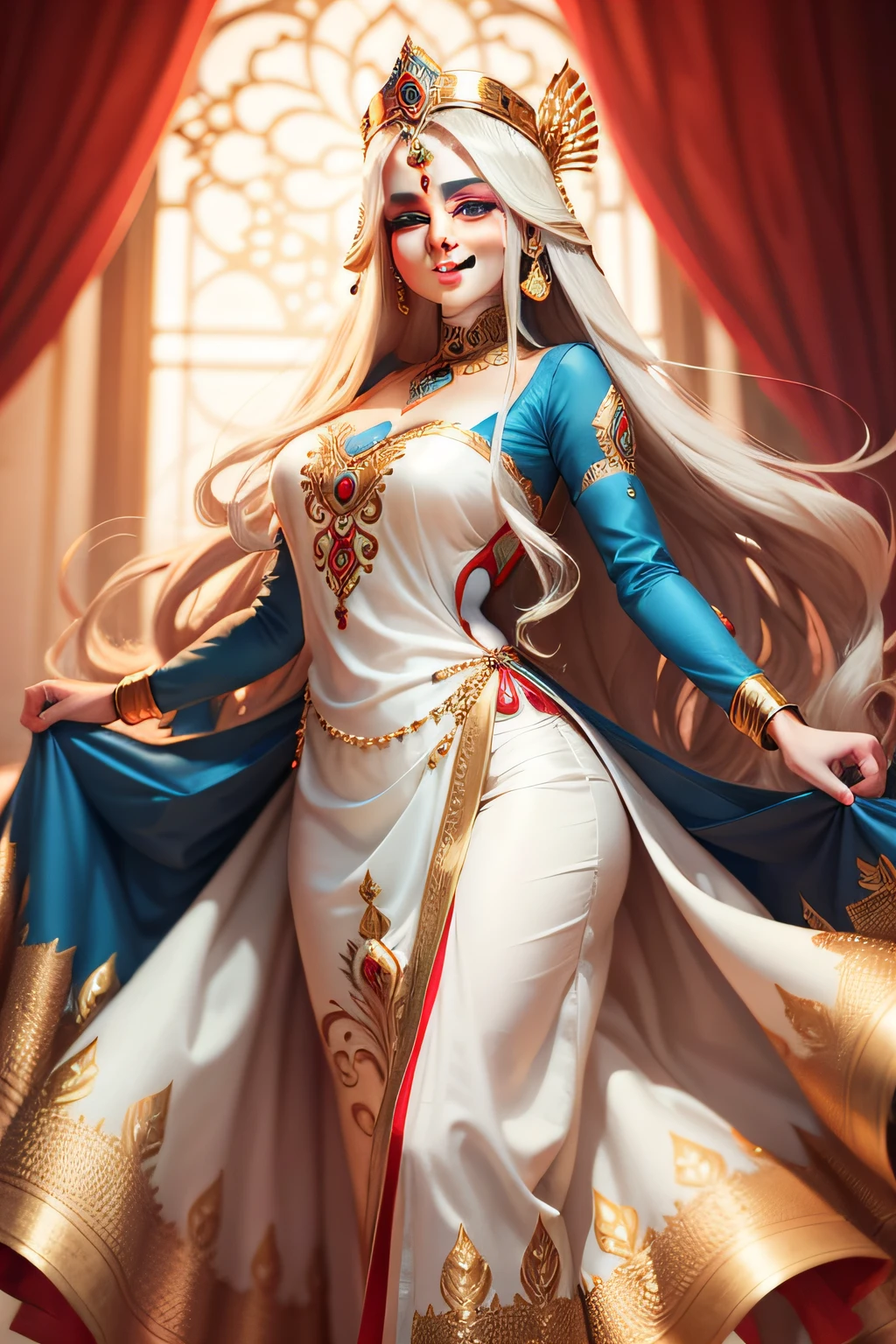cartoon beautiful Indian princess in long pretty silk dress, blue eyes, long golden hair, red lips, very attractive, smiling face