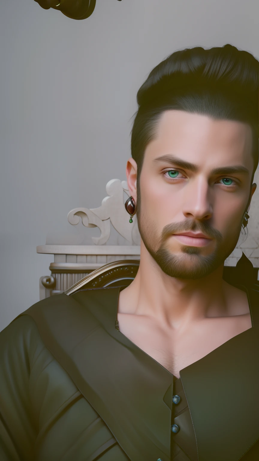 (masterpiece) 8K resolution, handsome face realistic ultra, sitting on a throne, emperor, brown bob hair, green eyes, finely crafted earrings in the ears, model style, fantasy style,