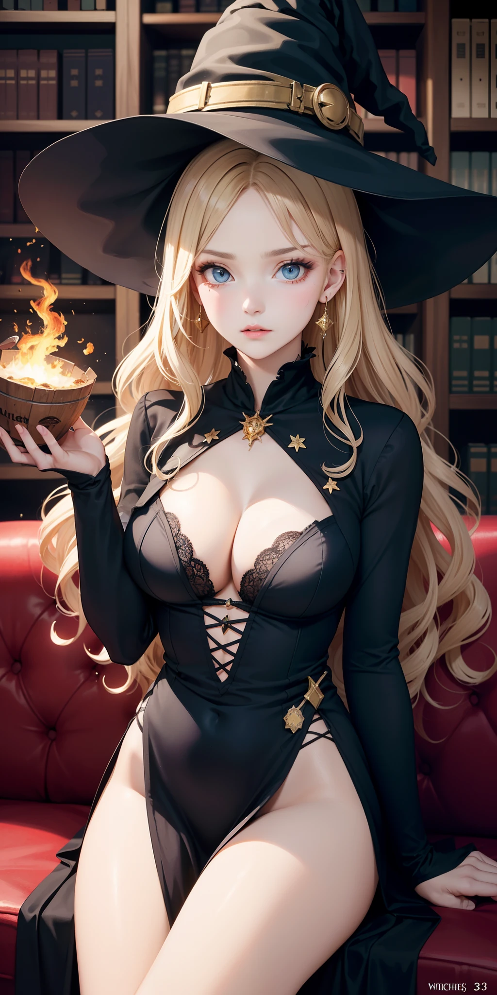 big breasts, ((1beautiful witch)), ((blonde hair, long wavy hair with bangs)) (((1witch, solo))) )) ((23 years old)) blue eyes, has an extremely sexy body, with full breasts and thin waist, and an extremely sexy body, witch hat, medival dress European dress ruffles stylish open long sleeve blouse underneath a little open on the breasts, low-cut with delicate fabric, has a bold look heavy and dark makeup. young, quality, realistic, great quality, poses, ((((perfect face)))) tender expression, soft lips, calm expression, sitting old torn sofa spooky witch house, magic, witchcraft, boiling cauldron, reciting spells, spell books, bookcase full of cobwebs