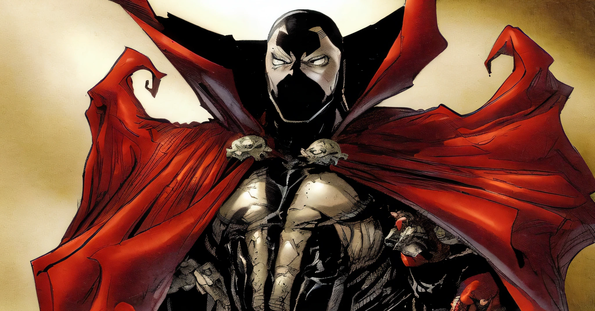 Generate an epic 8k resolution cover featuring a superheroic pose resembling Todd McFarlane's Spawn. Emphasize a dynamic and powerful stance, capturing the essence of Spawn's iconic presence. Use cinematic lighting to enhance the details of the character's costume and muscular physique. The overall atmosphere should exude a sense of dark heroism. Ensure a high level of detail, realistic texture, and vibrant colors to create a visually striking and iconic image