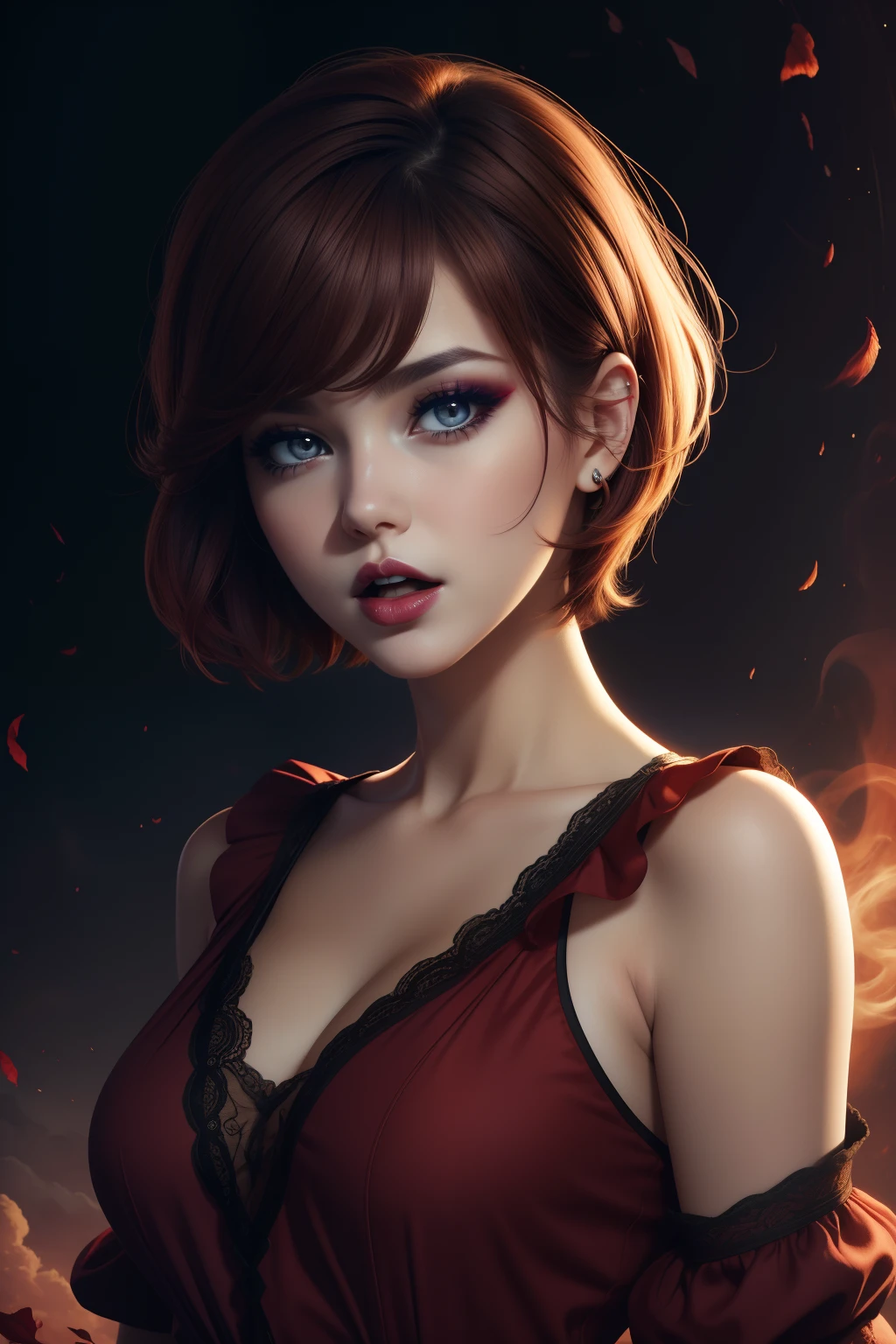 Original, ultra-fine 8K wallpaper, 1girl, {extremely delicate beauty}, red eye shadow, lipstick, open mouth, brown hair, far out, short hair, sleeve, vista - beautiful