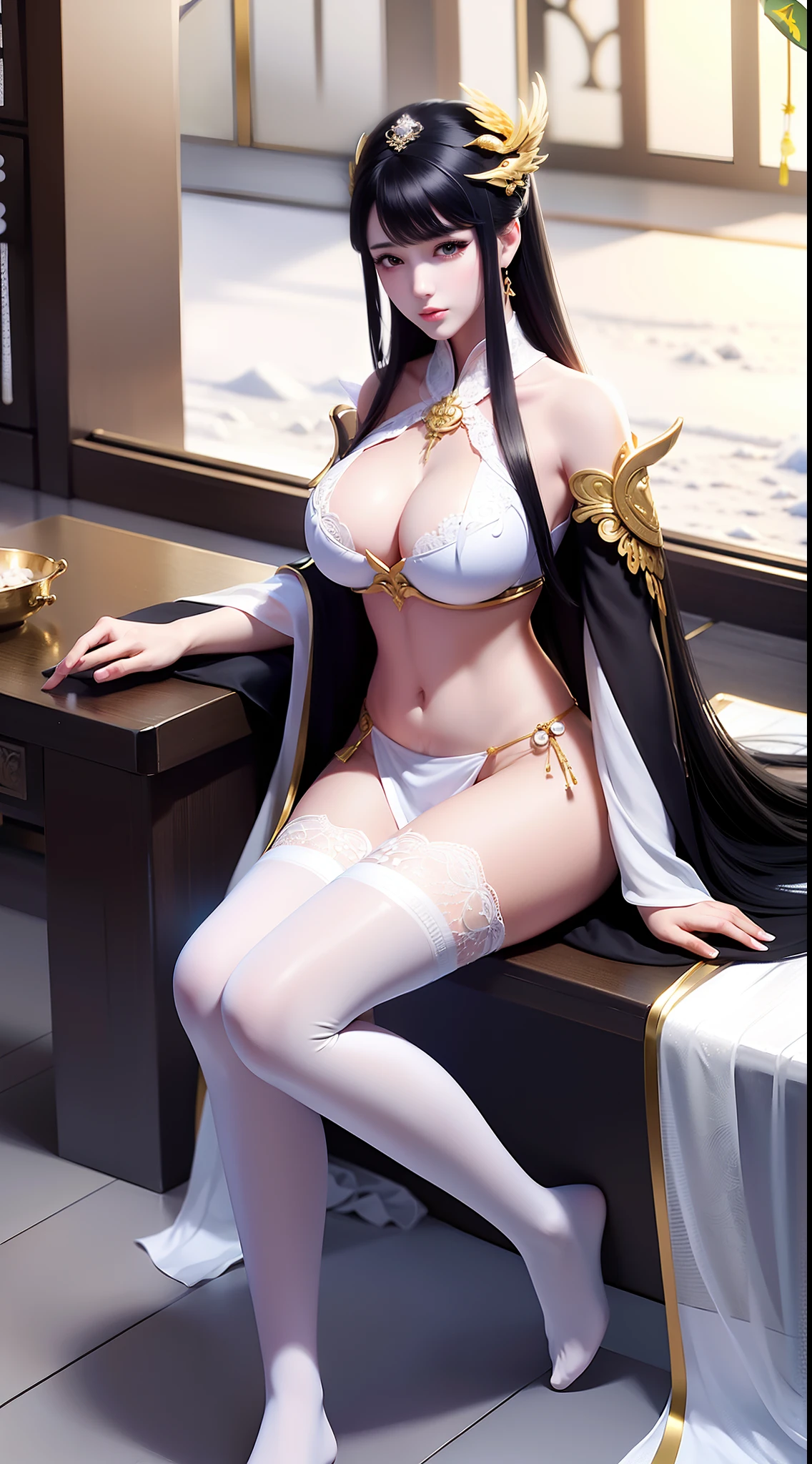 A girl,《Snow Eagle Lord》Yu Jingqiu,black color hair,long whitr hair,wearing white bikini,Lace,(((huge tit))),black lence stockings,High quality silk,Indoors,Sitting,Full body capture,perfect bodies,Noble and elegant,splendid,RAW photo,best illuminate,Highest high resolution,32K,The most intricate details,The sharpest picture quality,Very realistic,
