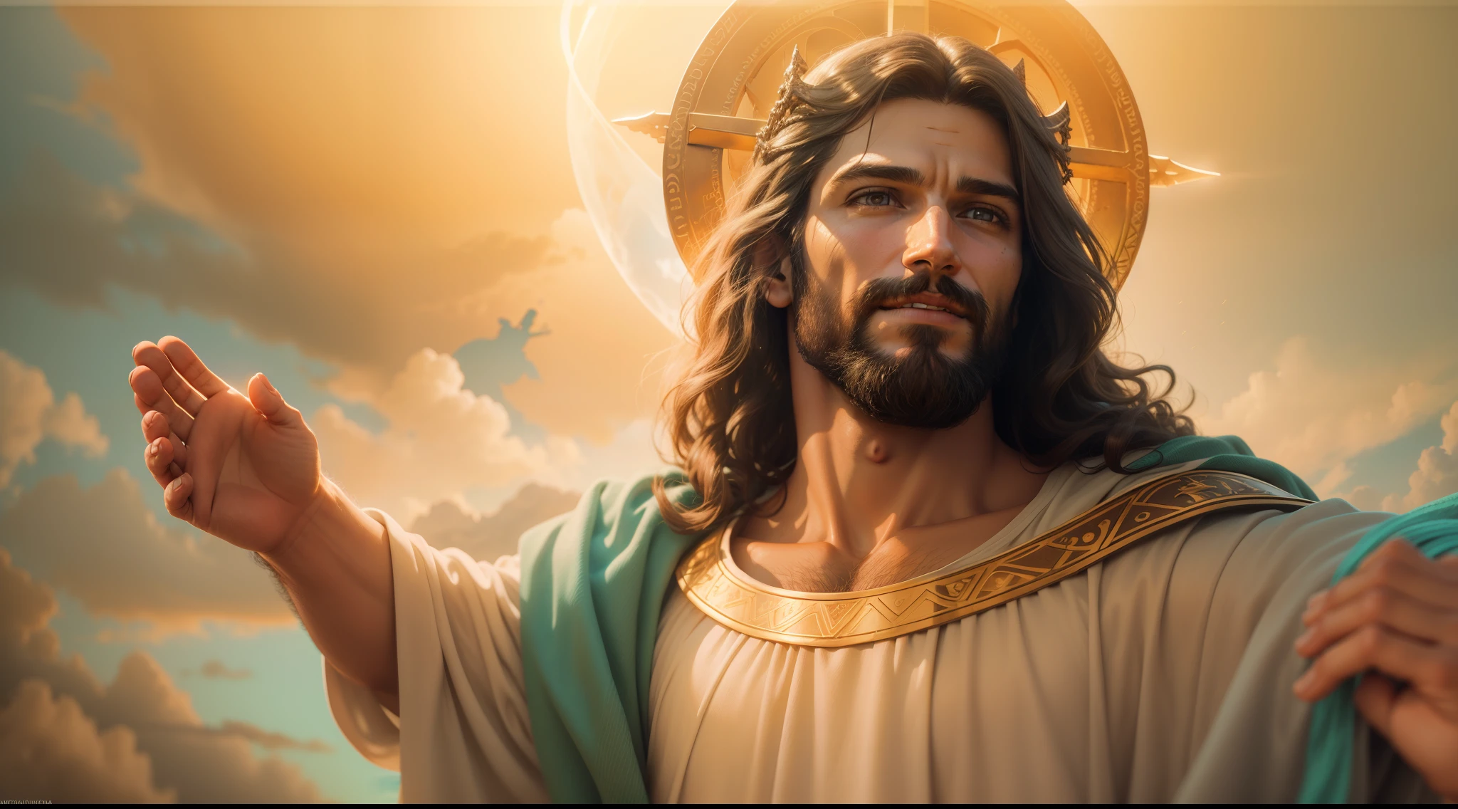 Jesus Second Coming to Heaven, ( Realistic) idade 35 anos, Coroa cruzada, a tunic and a golden breastplate, cabelo castanho como neve, olhos como chamas de fogo, feet like refined bronze in the oven, Sorriso leve, Surrealismo, Backlighting, Cinematic lighting, alta qualidade, Detalhes altos, 8K 3D melhor qualidade,Real Jesus flying in the sky with a flying cloud in the background, Jesus walking on water, biblical illustration, epic biblical representation, forcing him to flee, saindo do oceano, ! holding in his hand!, Desembarcar, Deus do Oceano, beautiful depiction, Modelo 3D 8k, Realistic, a realistic 3D of Jesus with a halo in the sky, Jesus Cristo, Smiling in the sky, Retrato de Jesus Cristo, rosto de Jesus, 35 jovem deus todo-poderoso, Retrato de um Deus Celestial, Greg Olsen, Jesus Gigachad, jesus of nazareth, Jesus, A face de Deus, Deus olhando para mim, he is greeting you warmly, he is happy, imagem do avatar