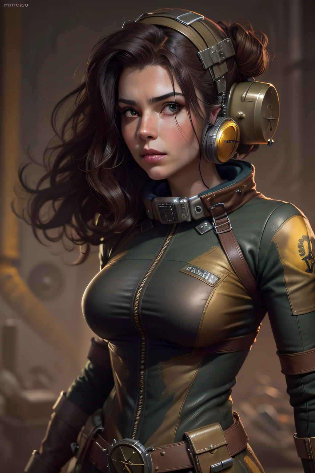 photorealistic, high resolution, 1women, solo, hips up, look at viewer, (detailed face), dark brown hair, long hair, fallout vaultsuit pipboy3000, metallic gold