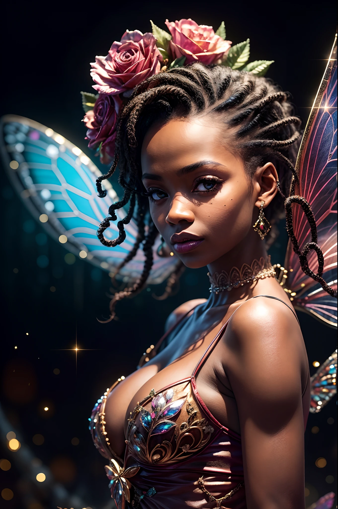 "1 beautiful black fairy woman with African ethnicity. A stunning, ethereal depiction of a mesmerizing Flower Fairy in a fantasy realm.Close up,Flower fairy,crystal fairy, shiny butterfly wings,crystal blossom flower,
fantasy, galaxy, transparent,
shimmering, sparkling, splendid, colorful,
magical photography, dramatic lighting, photo realism, ultra-detailed, 4k, High-resolution