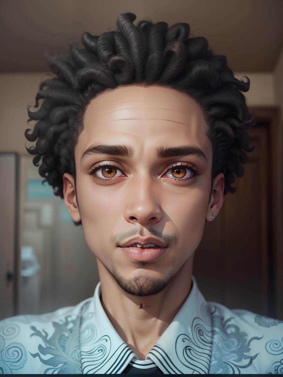 Handsome lightskin mixed race man Black tim burton character with lightbrown eyes & loose black curly hair