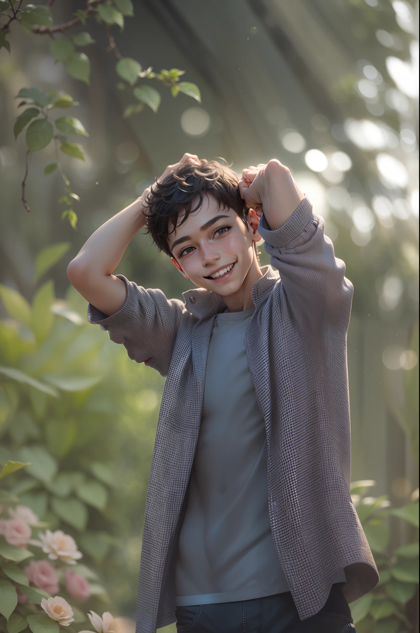 Close-up of faces，1 boy, slim body, happy laugh，Delicate face，Smooth skin，Elaborate Eyes， ( bokeh, Out of Focus, Soft Lighting, movie lighting, God Ray, UHD