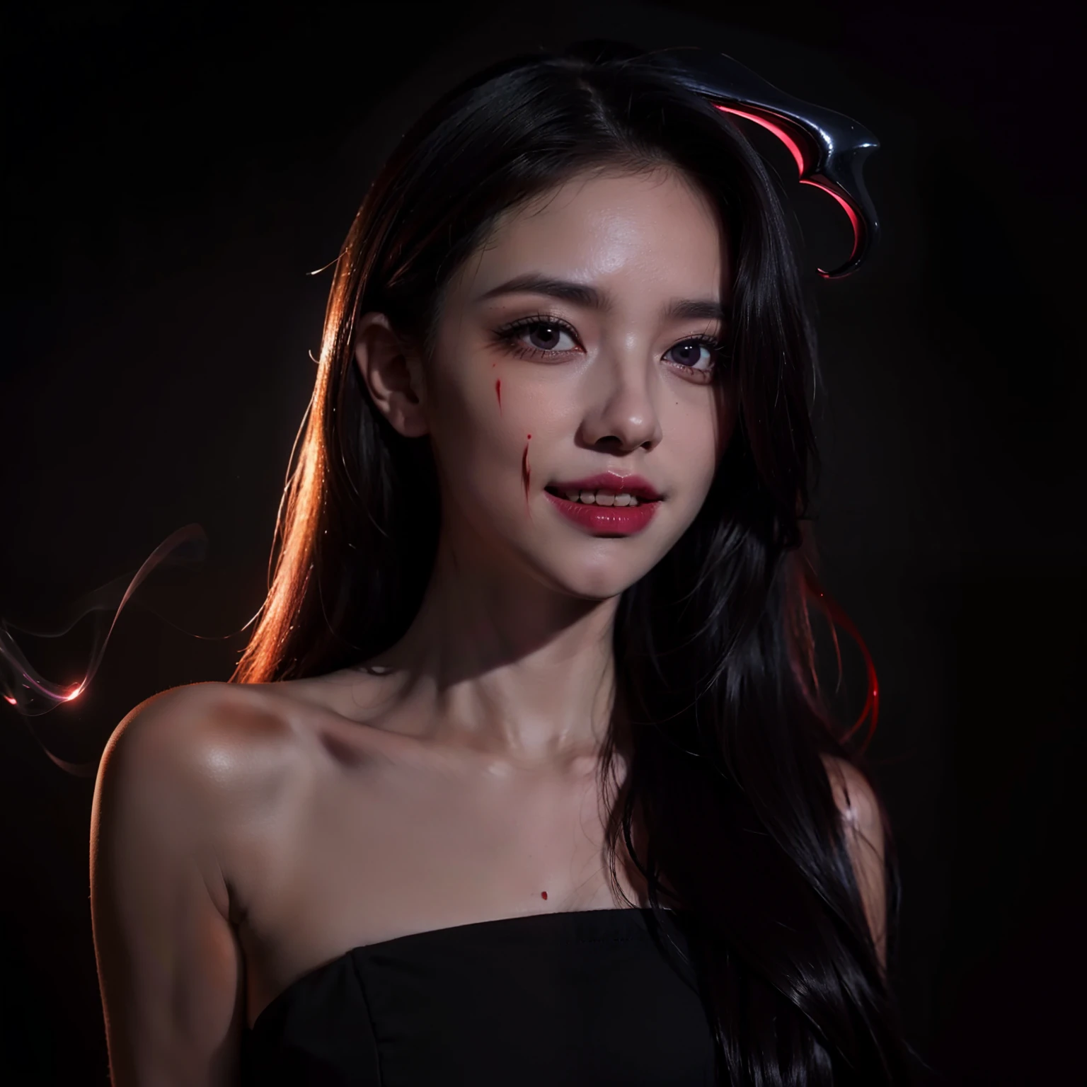 A beautifull girl, scary make up, devil smile, erotic pose, minimalist costume, deep shadow, killer girl, full body, long hair, forehead, half mask, photorealistic, deep purple light, red eyes shine, smoke effect, dirt face, blood