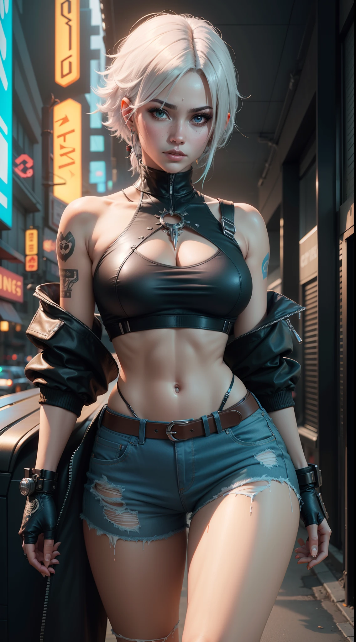 Uma mulher de cabelos coloridos com um casaco de cabedal segurando uma espada, arte cyberpunk, por Yang J, camisa cortada com casaco, black ripped jeans, highdetailed, mercado cyberpunk, cgsociety, Highly detailed apparel, sinais cyberpunk, sakimichan frank franzzeta, oilpunk, High details in clothing, 2b, vestindo casaco cyberpunk 2 0 7 7