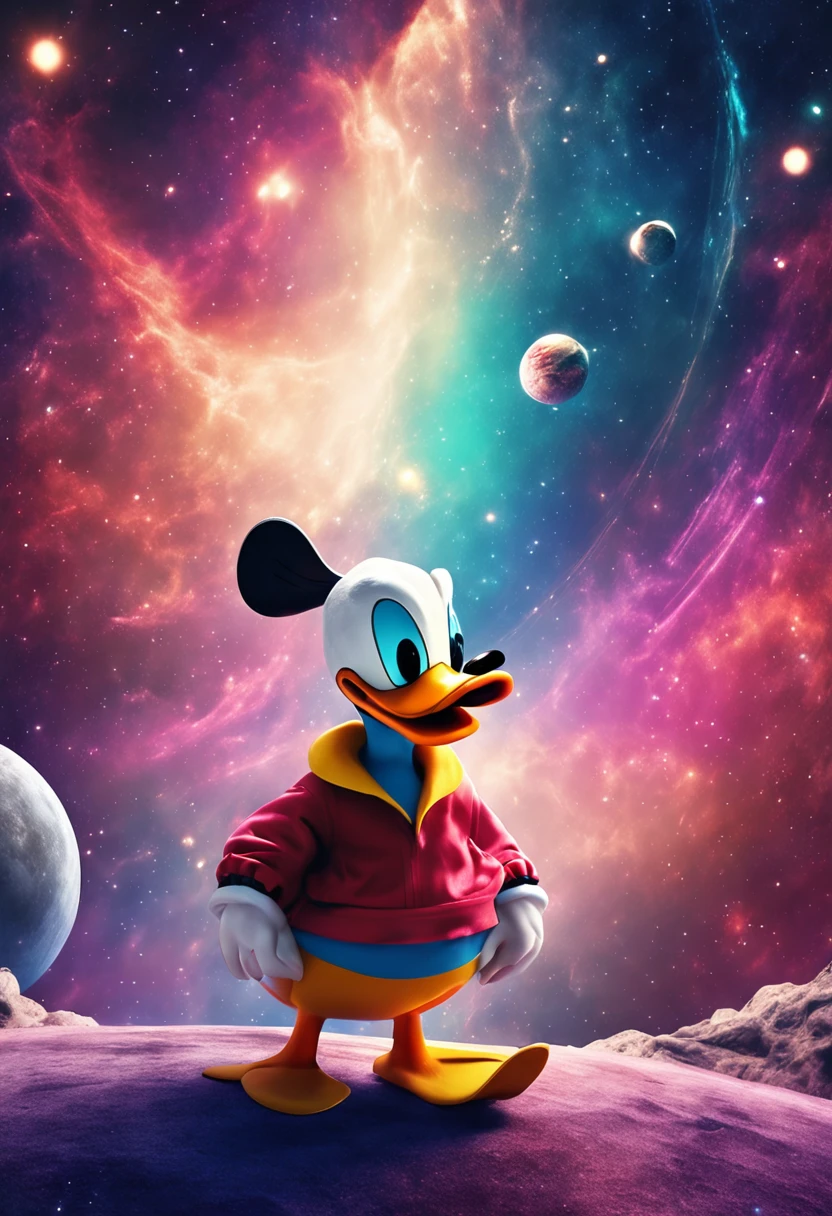 Donald Duck in outer space,creative background planets, vibrant colors, realistic, colorful, high resolution, mystical, universe style