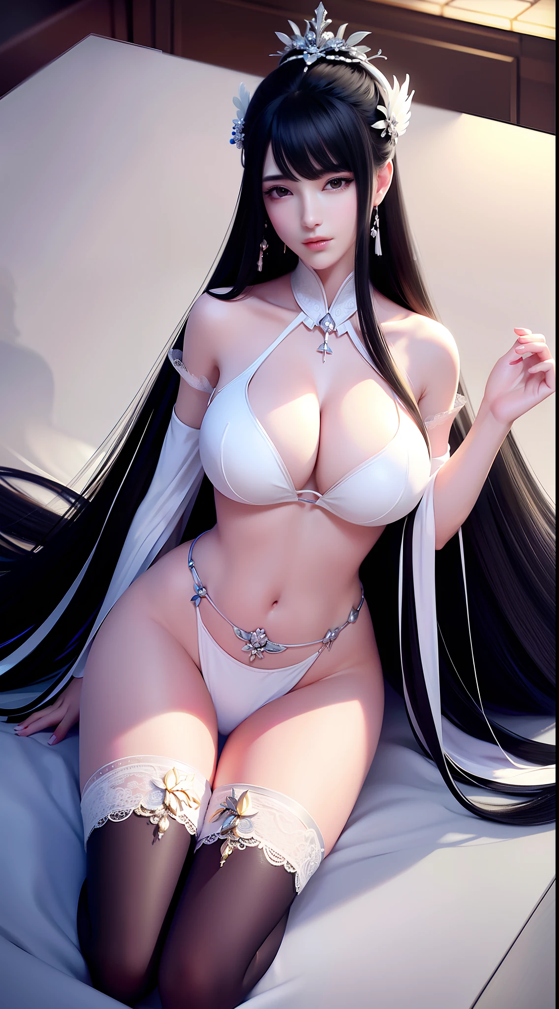 A girl，《Snow Eagle Lord》Yu Jingqiu，Black color hair，long whitr hair，wearing white bikini，Lace，（（（huge tit））），black lence stockings，High quality silk，Indoors，Sitting，Full body capture，perfect bodies，Noble and elegant，splendid，RAW photo，color difference，Highest high resolution，32K，The most intricate details，The sharpest picture quality，Very realistic，