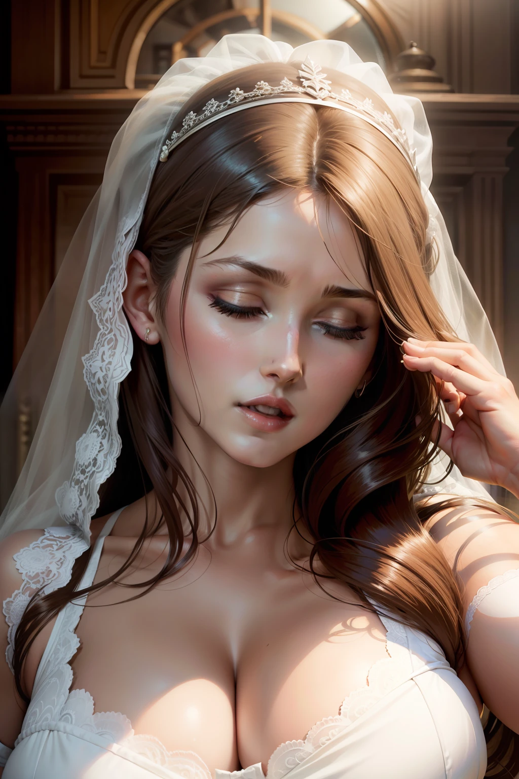 Lucy Pinder, Head Up, Portrait, Eyes Closed, Open Mouth, Bride