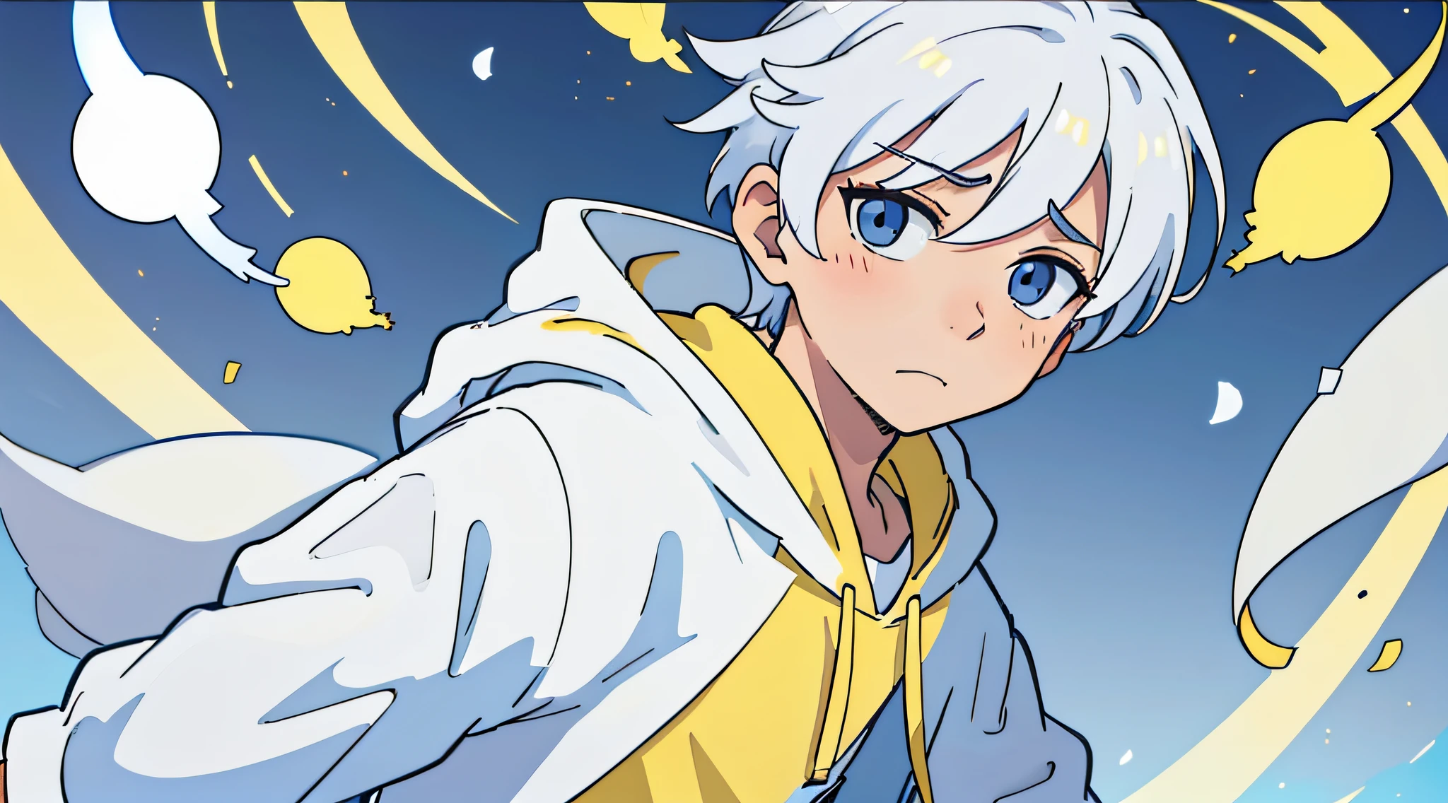 boy, white layered hair, innocent face a bit sad, yellow hoodie