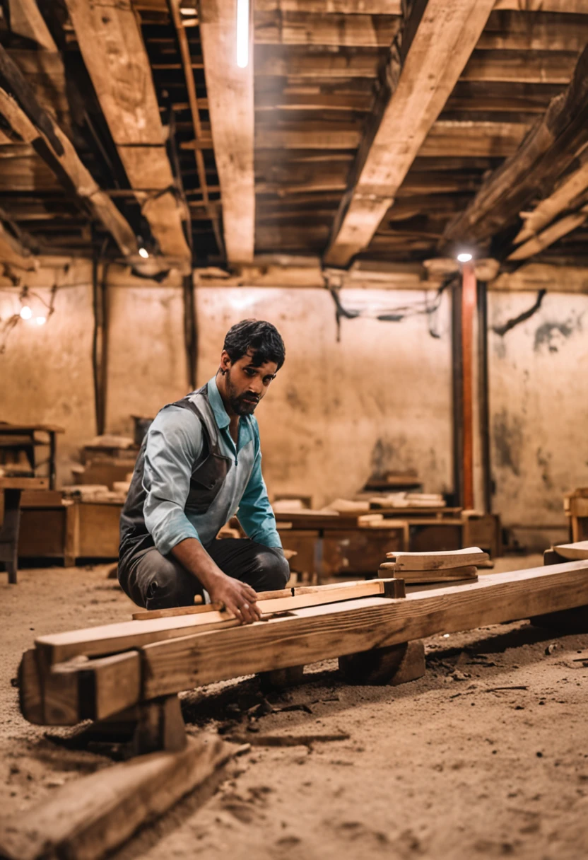 Um jovem, Liam, sentado em um banco de madeira na oficina. He's holding a piece of wood and watching the more experienced craftsmen work with concentration. O sol entra pela janela, iluminando o ambiente e destacando as ferramentas de carpintaria nas prateleiras.