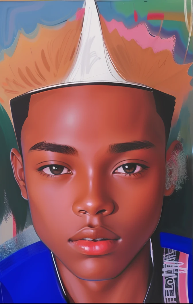 Creates an image of a young black teenage man in cartoon and abstract art, with flat hair