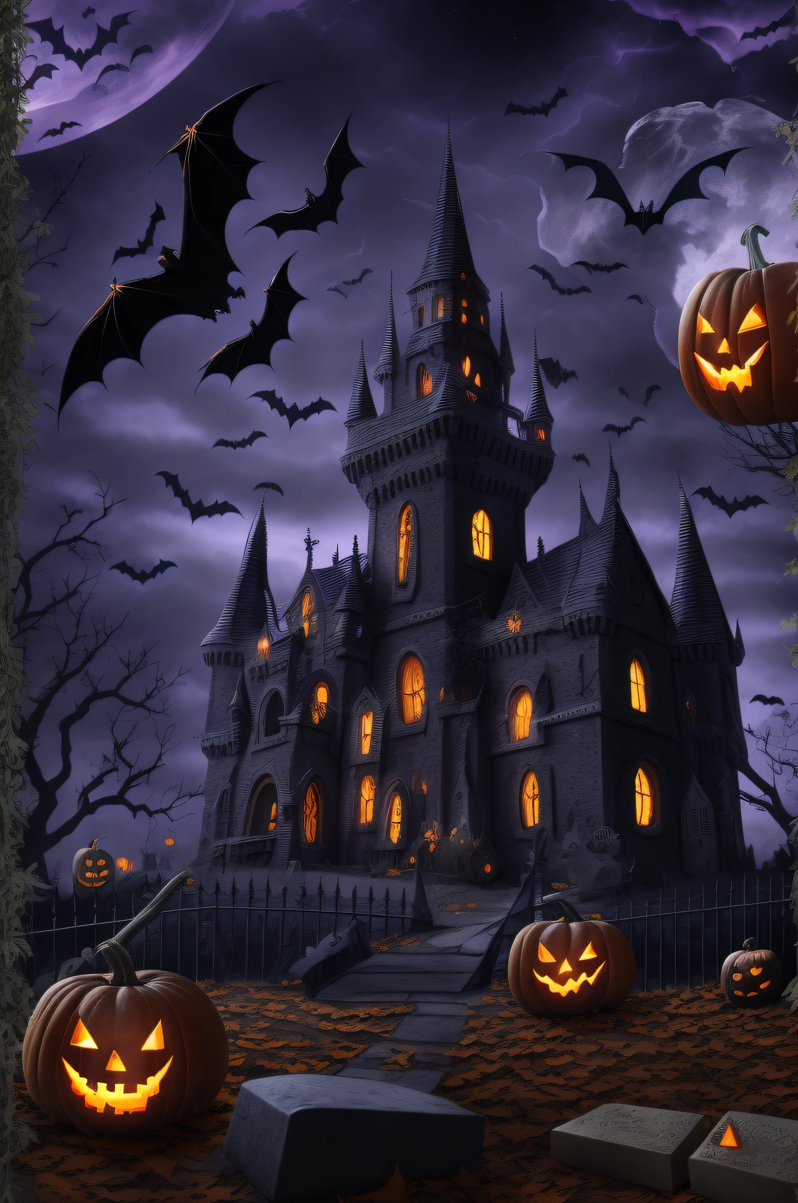 Close-up of the castle and bat Halloween scene, Bats flying away from the castle, Halloween Scene, Haunted house themed, Bats flying over tombstones, Ghost background, halloween night, halloween theme, Halloween atmosphere, Spooky Halloween Night, Gothic church background, Scary magic background, Spooky Halloween theme, Dark graveyard scene, graveyard background, amazing, Ghost and creepy,Halloween Pumpkin