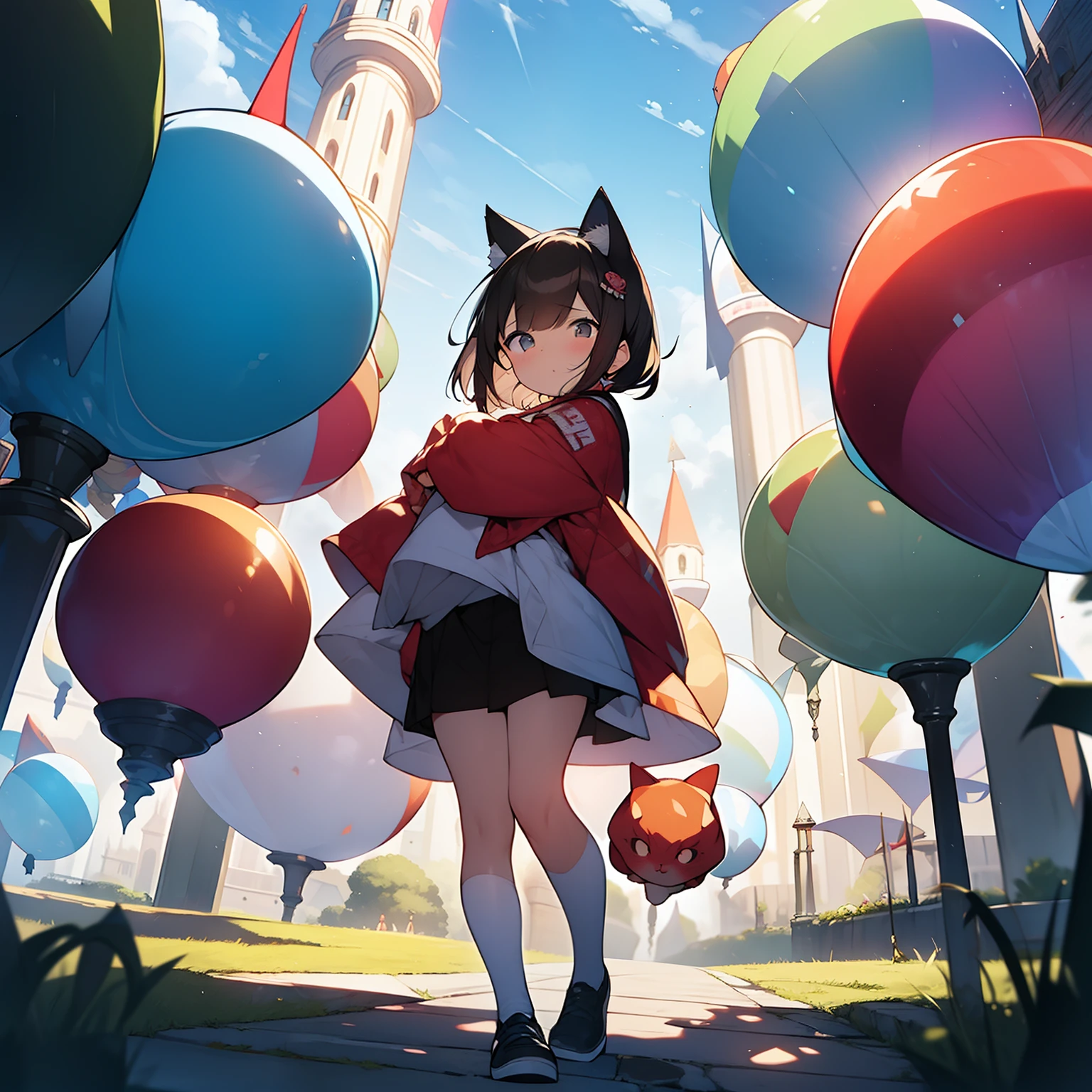 ​masterpiece、Cat's ears、sharpnes、Meek look、chum、Red cheeks、A tower that jumps out of the ground lined with many people、disaster々Background of the atmosphere、Brown short-cut hair、fluorescent clothing、doress、Ephemeral、Multiple balls of light drift、Multicolored photospheres、attack posture、amazing background、