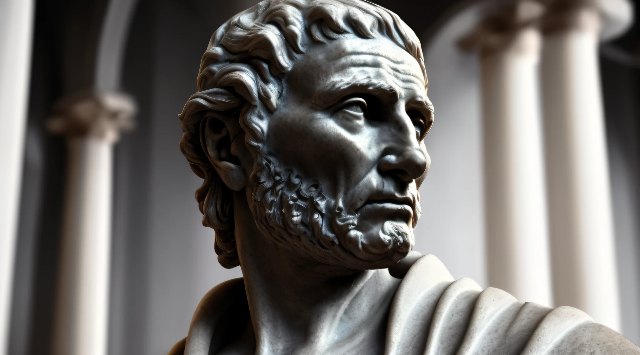 Seneca, Close-up of a classical wise Greek philosopher, Statue in a temple, postura estoica, deus grego, wisdom, cinematic feel, preto e branco, ultra realistic, Ultra detalhado e artesanal em todos os aspectos, Escuro
