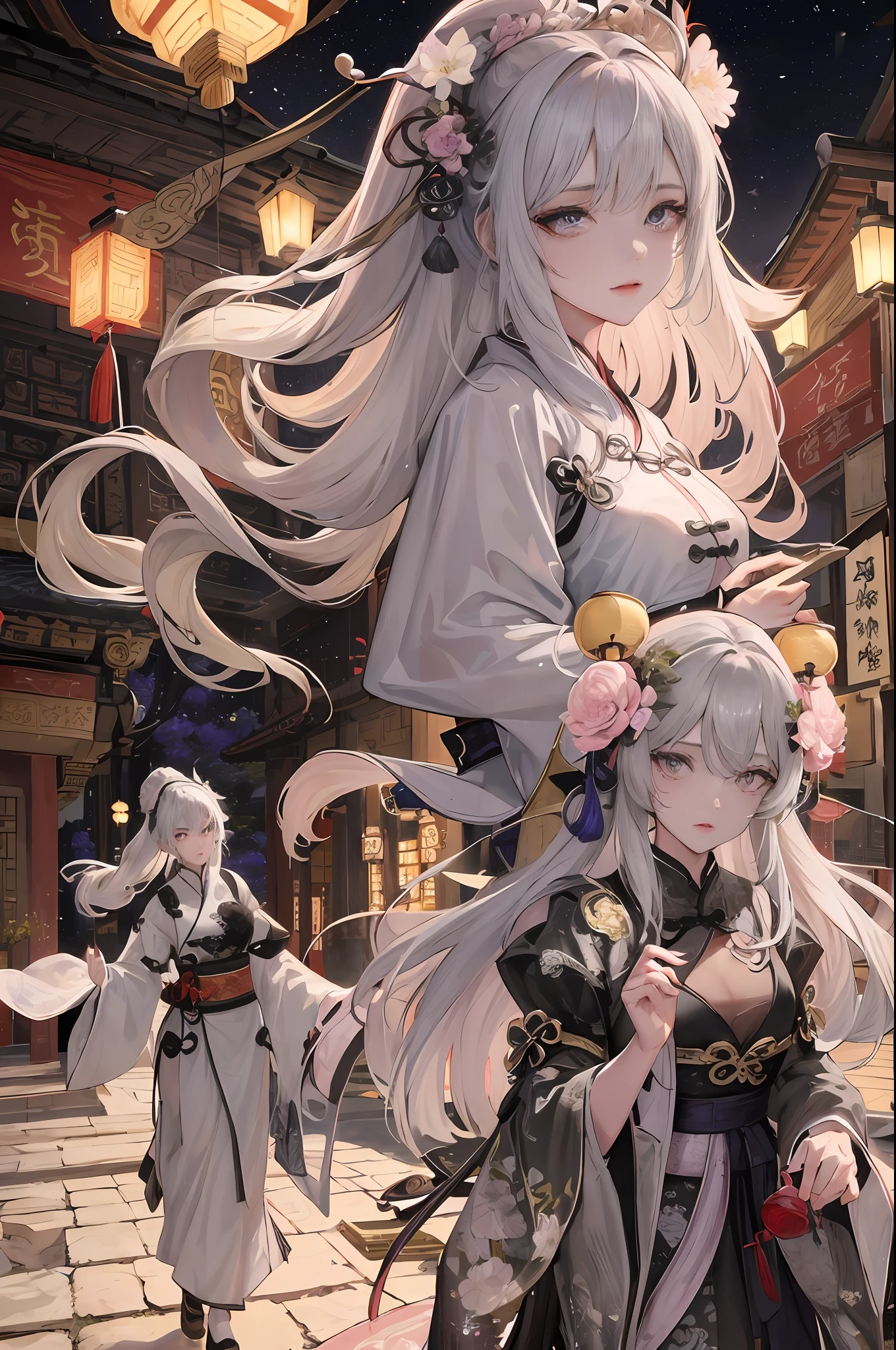 Masterpiece, Best quality, Night, full moon, 1 girl, Mature woman, Chinese style, Ancient China, Sisters, Royal Sisters, Grim expression,, Silver white long haired woman, Light pink lips, calm, Intellectual, tribelt, Gray pupils, assassins, Flower lanterns, holding lantern,, Stroll through the street landscape