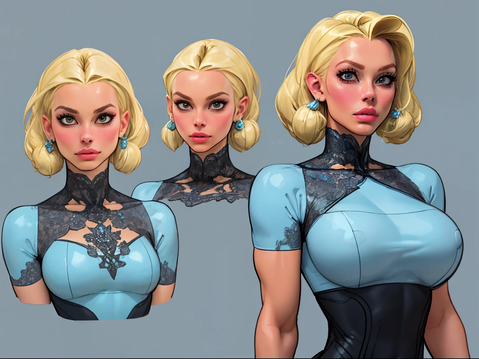 ((Masterpiece)),(((Best Quality))),((Character design sheet)), ((full body view)) illustartion,1girl, Sexy busty bimbo, ((Silver Latex Bodysuit:1.5)), superhero, (Blonde Stylish High:1.4), ((Detailed Face:1.4)) Silver Boots, (swollen lips:1.3), ((Huge Fake Biggest :1.9, cleavage:1.5)), the pose, 8K,16k, (Simple background, whitebackground: 1.3)((Shiny costume:1.6))