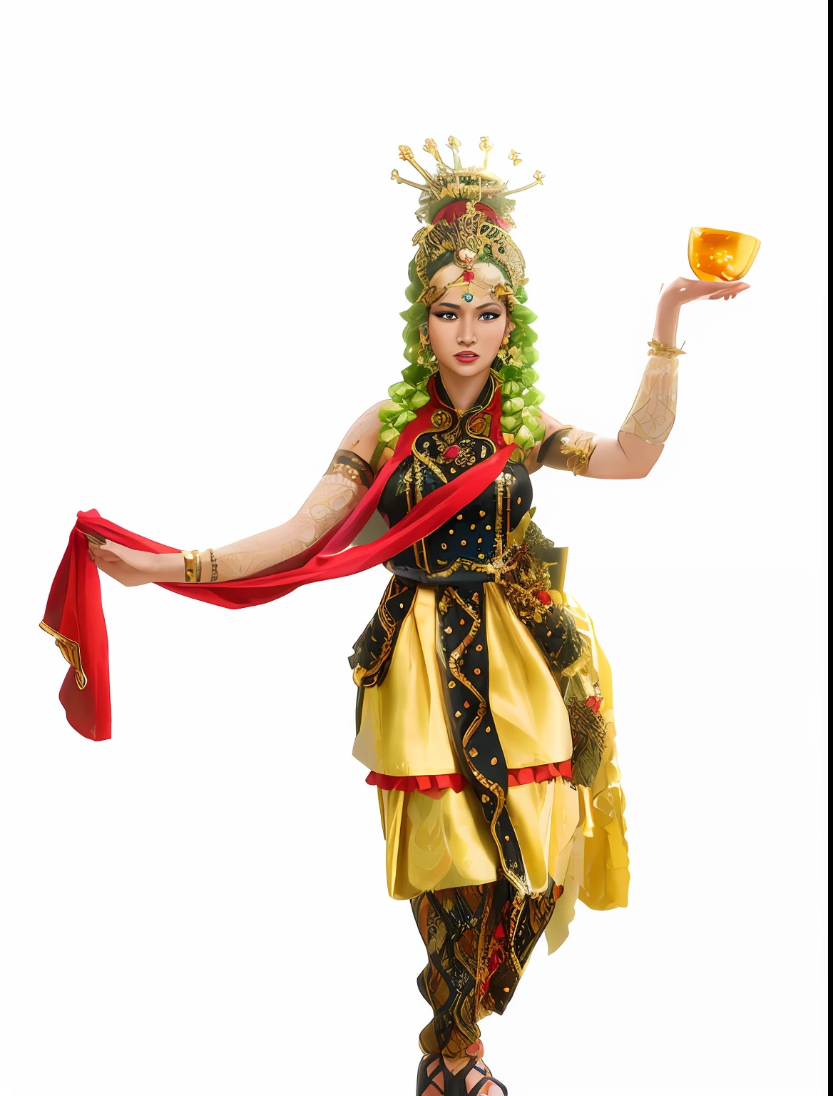 woman in a costume holding a glass and a red ribbon, traditional costume, she is dressed in shaman clothes, javanese mythology, traditional dress, traditional clothes, wearing an ornate outfit, costume, elaborate costume, wearing traditional garb, authentic costume, wearing authentic attire, wearing ornate clothing