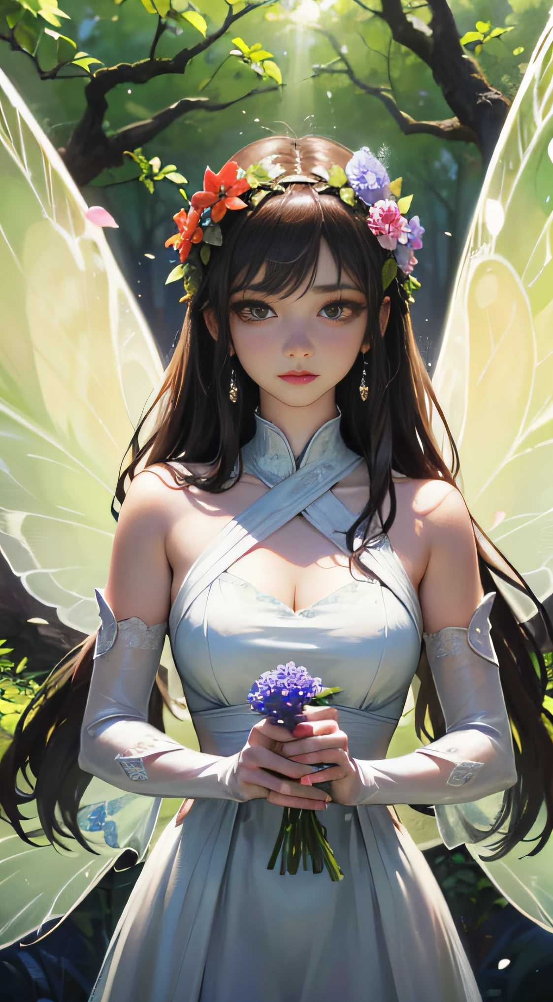 (master part), (melhor qualidade de imagem), 8k, High detail, Super Detalhe, A beautiful and magical flower fairy, with translucent wings on the back, voando no ar, flashing a rainbow of bright colors, voando no ar, flying elegantly between two flower-covered trees, The background is lush with flowers, His presence fills the room with charming feelings, Shedding a mesmerizing light on the scene, seu vestido, woven from petals and delicate leaves, mistura-se com os elementos naturais de seu entorno, She holds a wand in her hand, irradia uma luz suave e brilhante, simbolizando seu amor pela magia e sua capacidade de florescer flores e alegria, and her expression is calm as she sits in the tree, Reflecting your deep connection to nature and the harmonious energy that flows through it, Close-up, Realistic, altamente detalhado e intrincado, The images embody the ethereal nature of the flower fairy, blending his captivating presence with the serene beauty of the natural world