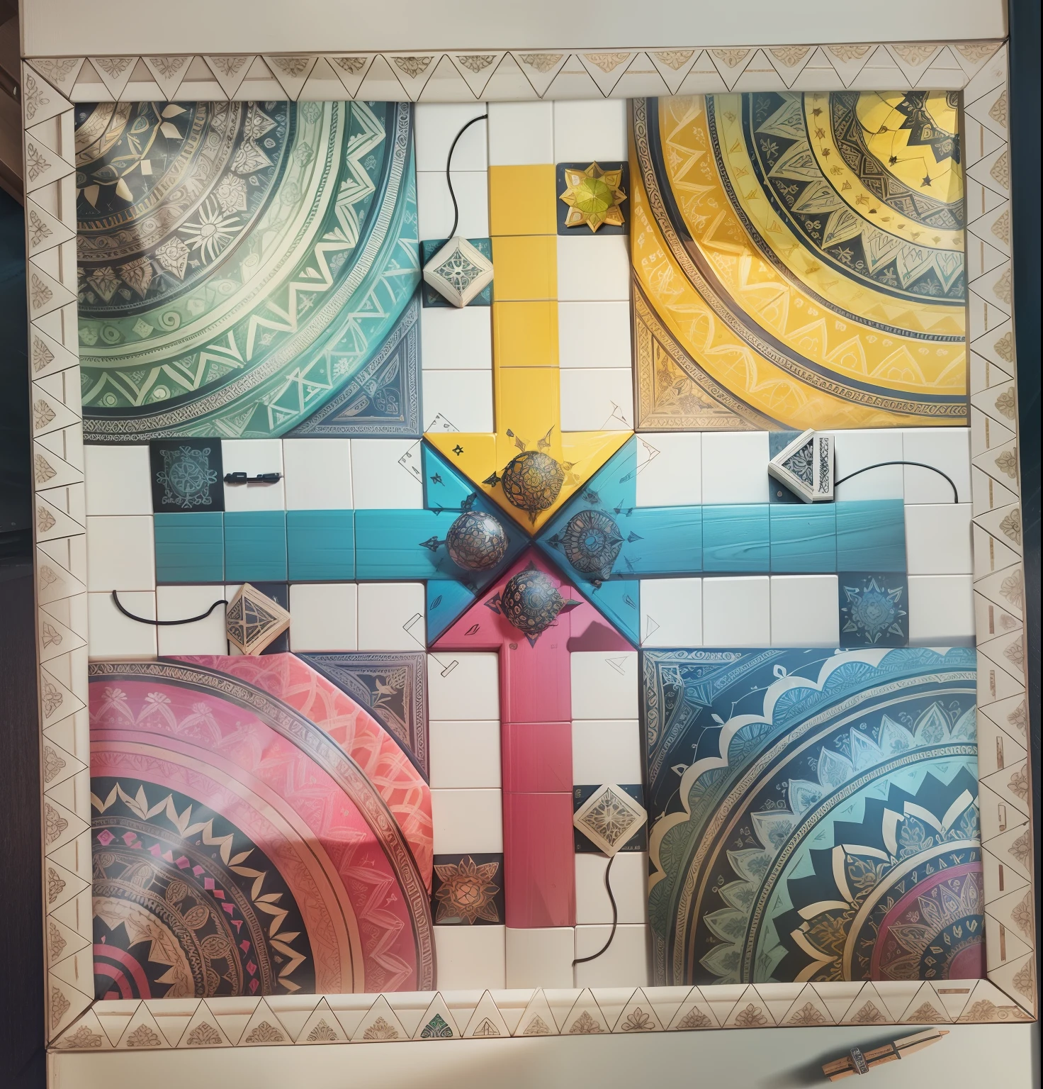 Ludo game bord realistic, mandala realistic, 8k, high quilty, realistic, beautiful realistic, Cool details, raw photo, Light and cool lighting, photo realistic, Cel shaded, Gel lighting, ultra details, neon lights