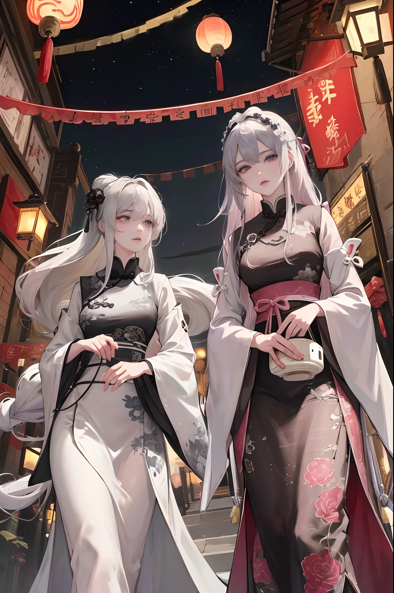 Masterpiece, Best quality, Night, full moon, 1 girl, Mature woman, Chinese style, Ancient China, Sisters, Royal Sisters, Grim expression,, Silver white long haired woman, Light pink lips, calm, Intellectual, tribelt, Gray pupils, assassins, Flower lanterns, holding lantern,, Stroll through the street landscape