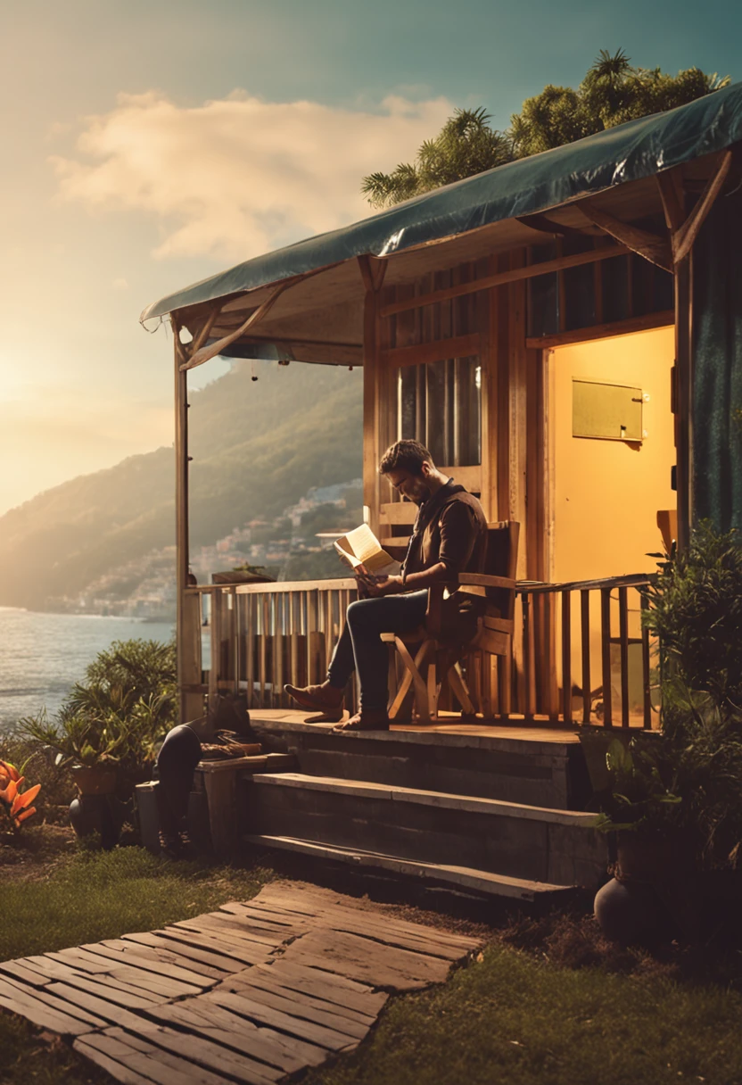 Um jovem, Liam, sentado em um banco de madeira na oficina. Ele  esta lendo um livro antigo de tesouros e pirtatas. O sol entra pela janela, iluminando o ambiente e destacando o livro.