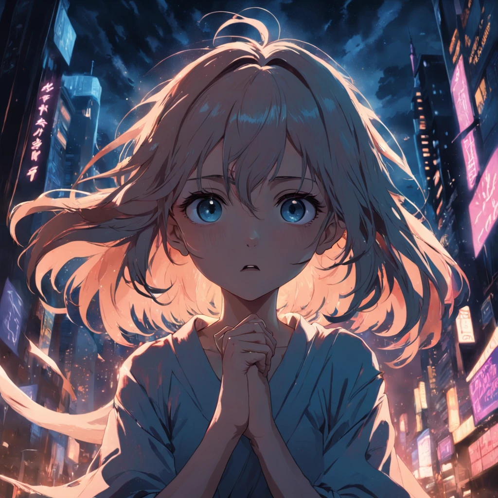 prompt: The determined look in the girl's eyes reveals her perseverance and hope. She clenches her fists tightly, her body trembling slightly, expressing her unwavering belief in life. The surroundings are dark, with no windows or exits in sight