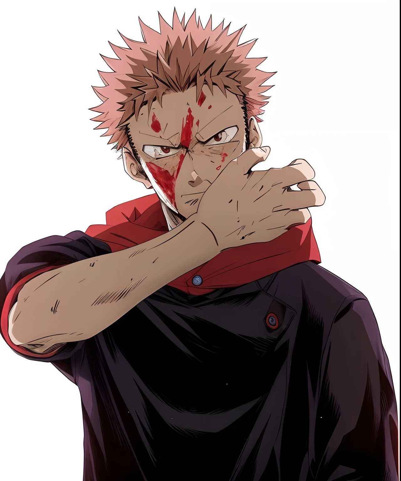 Realista, ultra realista, melhor qualidade,a close up of a person with a bloody face and a hand on his face, Jujutsu Kaisen, Coringa se parece com Naruto, Toru Narita, Ichigo Kurosaki, dor de naruto, Coringa como Naruto, Melhor Design de Personagens de Anime, Okata Kazuto., Gatilho Estilo de Arte de Anime, como um personagem de anime, manga style of kentaro miura