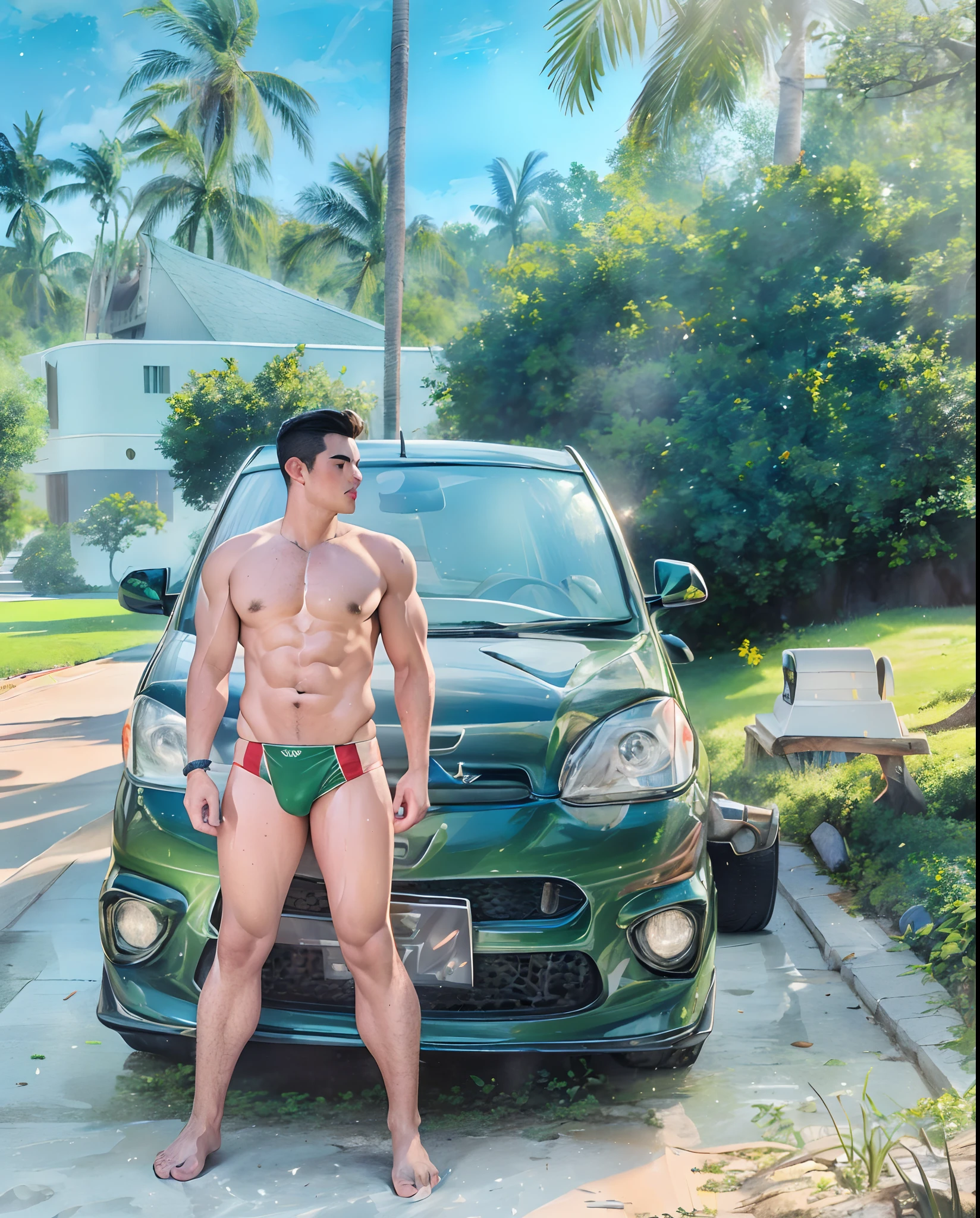 a man in a green transparent white tight bikini highlighting his underlying big bulge, handsome face with detailed facial features, standing next to a sport Lamborghini car, masculine stocky body, mega muscles, correct accurate male anatomy, correct numbers of fingers and toes, shiny oiled waxy wet sweaty skin and muscles, big erect pink nipples and aerola, big superbig pecs chest, belly button, full body wide shot, thicc thick big thights, big arms, big chest, wearing silver color sunglasses, there is hotel and tropical plants behind, stormy dark black sky, professional shoot and retouch, sharpness, shadow, highlight, depth of field, masterpiece, fined detailed high quality illustration art, artistic