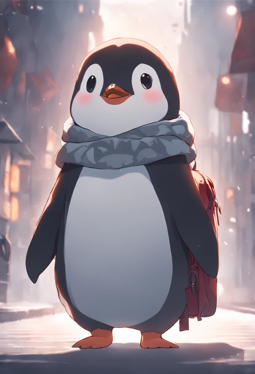 photoRealstic、Drawing of a cute ((chonky penguin 🐧)) going for adventure, cute look, a ((small bag pack)) in the back of penguin, hd ,soft contrast, ((fluffy penguin 🐧)), adorable