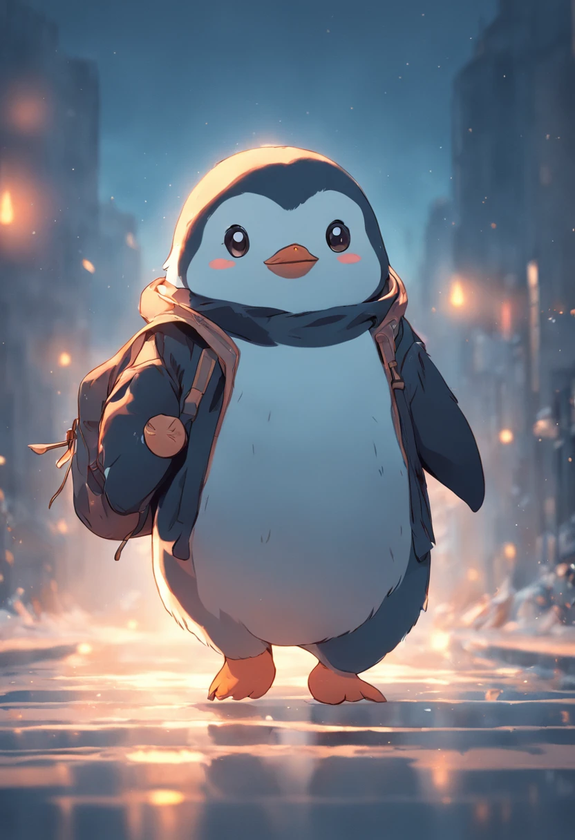 photoRealstic、Drawing of a cute ((chonky penguin 🐧)) going for adventure, cute look, a ((small bag pack)) in the back of penguin, hd ,soft contrast, ((fluffy penguin 🐧)), adorable