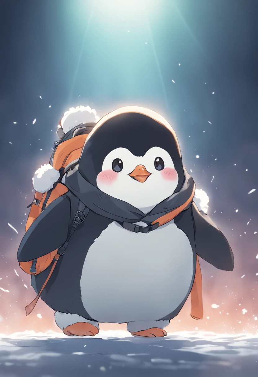 photoRealstic、Drawing of a cute ((chonky penguin 🐧)) going for adventure, cute look, a ((small bag pack)) in the back of penguin, hd ,soft contrast, ((fluffy penguin 🐧)), adorable