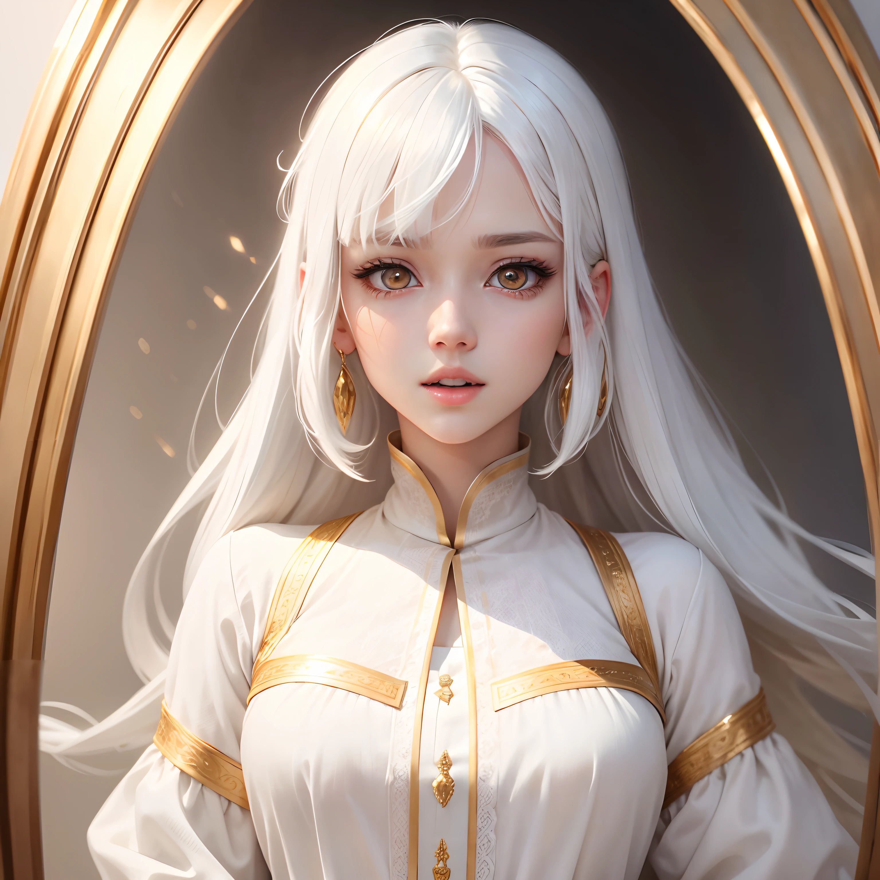 best quality, white hair, gold eyes, white clothes, looking up, upper body, hair strand, Fair skin, Mouth open