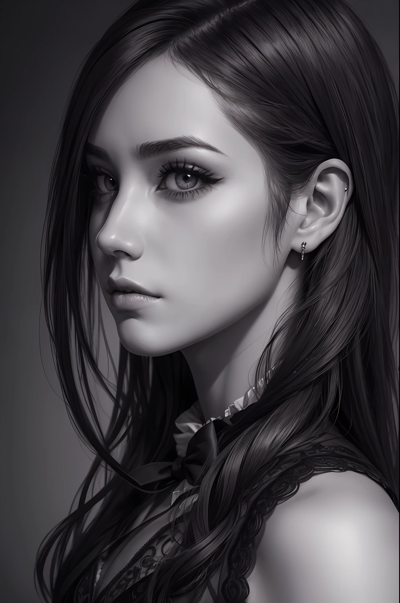 young Emma Robertson, Gothic eye makeup , intricate pencil sketch, expressive eyes, nose and mouth, Un-Zoom, jim lee (jim lee) Right, In the center of the profile, - This is a key visual complex, With high detail, Breathtaking, Accurate lineart, Stunning panoramic cinematography