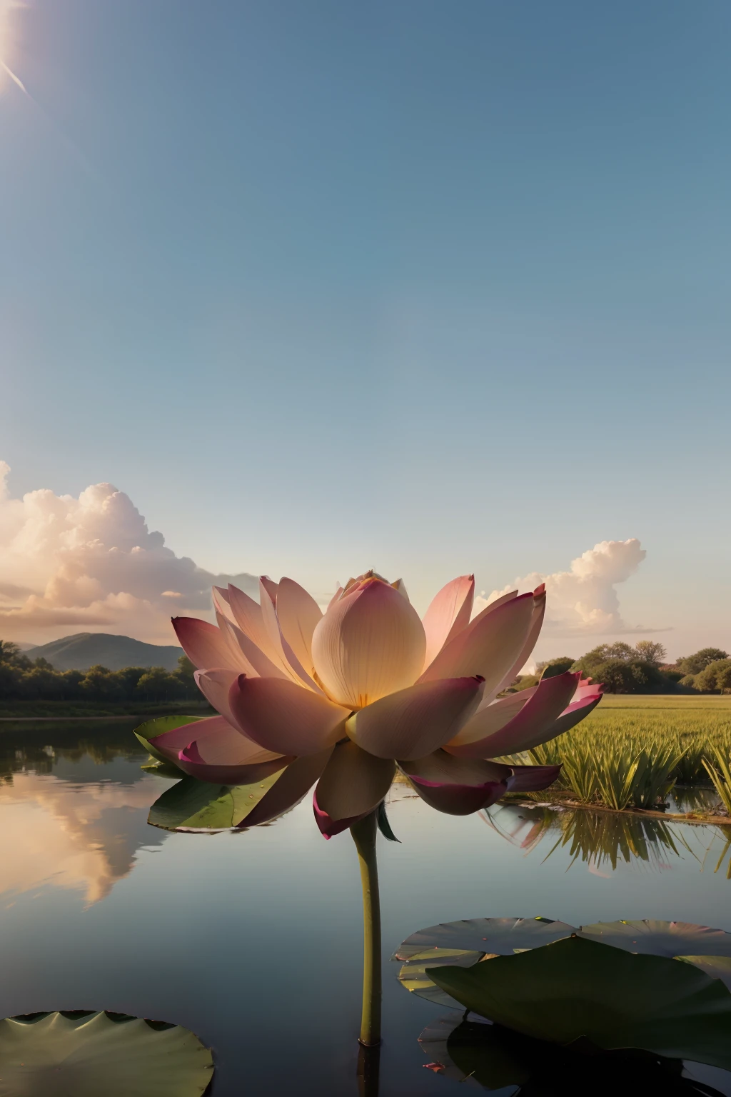 Masterpiece, top quality, Cg unity 8k wallpaper, super delicate big beautiful lotus against the sky, no trace of people.