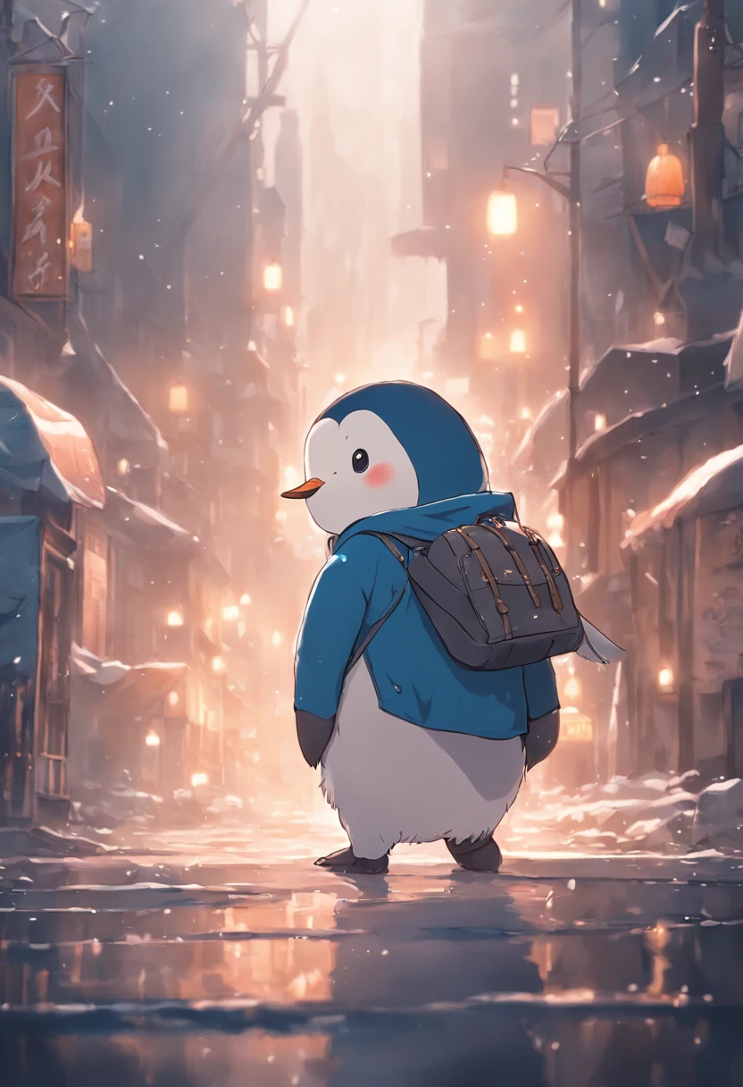 photoRealstic、Drawing of a cute ((chonky penguin 🐧)) going for adventure, cute look, a ((small bag pack)) in the back of penguin, hd ,soft contrast, ((fluffy penguin 🐧)), adorable