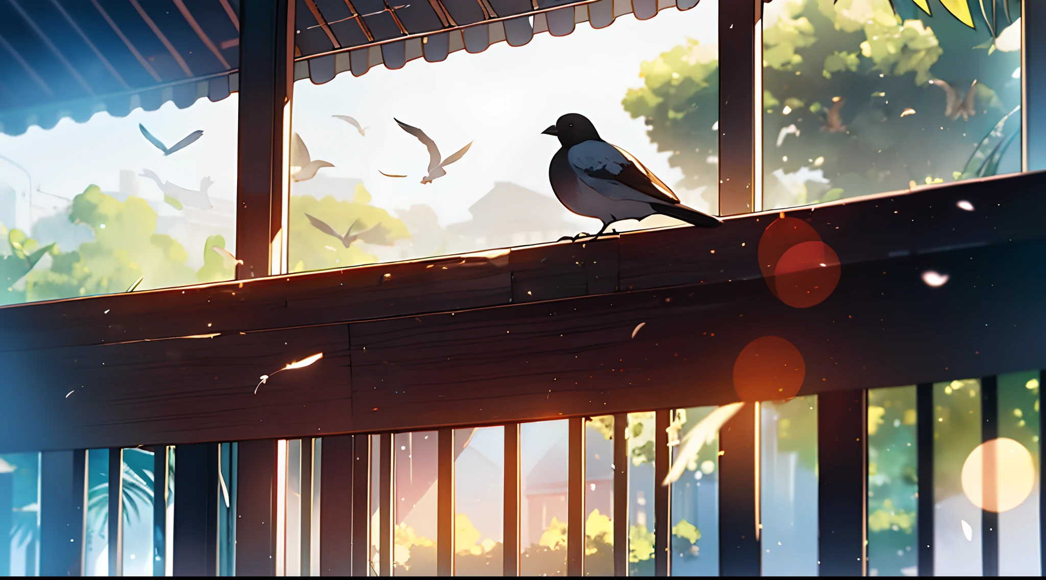 1 bird、Resting feathers、verandah、morning sunlight、(Background bokeh:1.2)