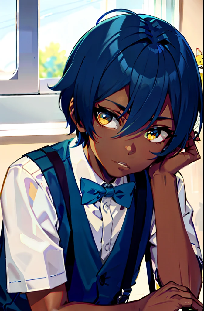femele，Raised sexy，Wear suspenders，blue short hair，Yellow people，dark-skin，Gentle eyes，Behind him was a huge Alaskan dog looking at him。Headrest position