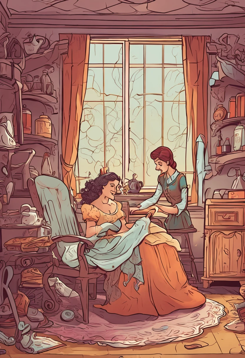 Create a scene from Cinderella's daily routine, showing her washing clothes and sweeping the floor.
Show the half-sisters relaxing in chairs while Cinderella works, highlighting injustice.