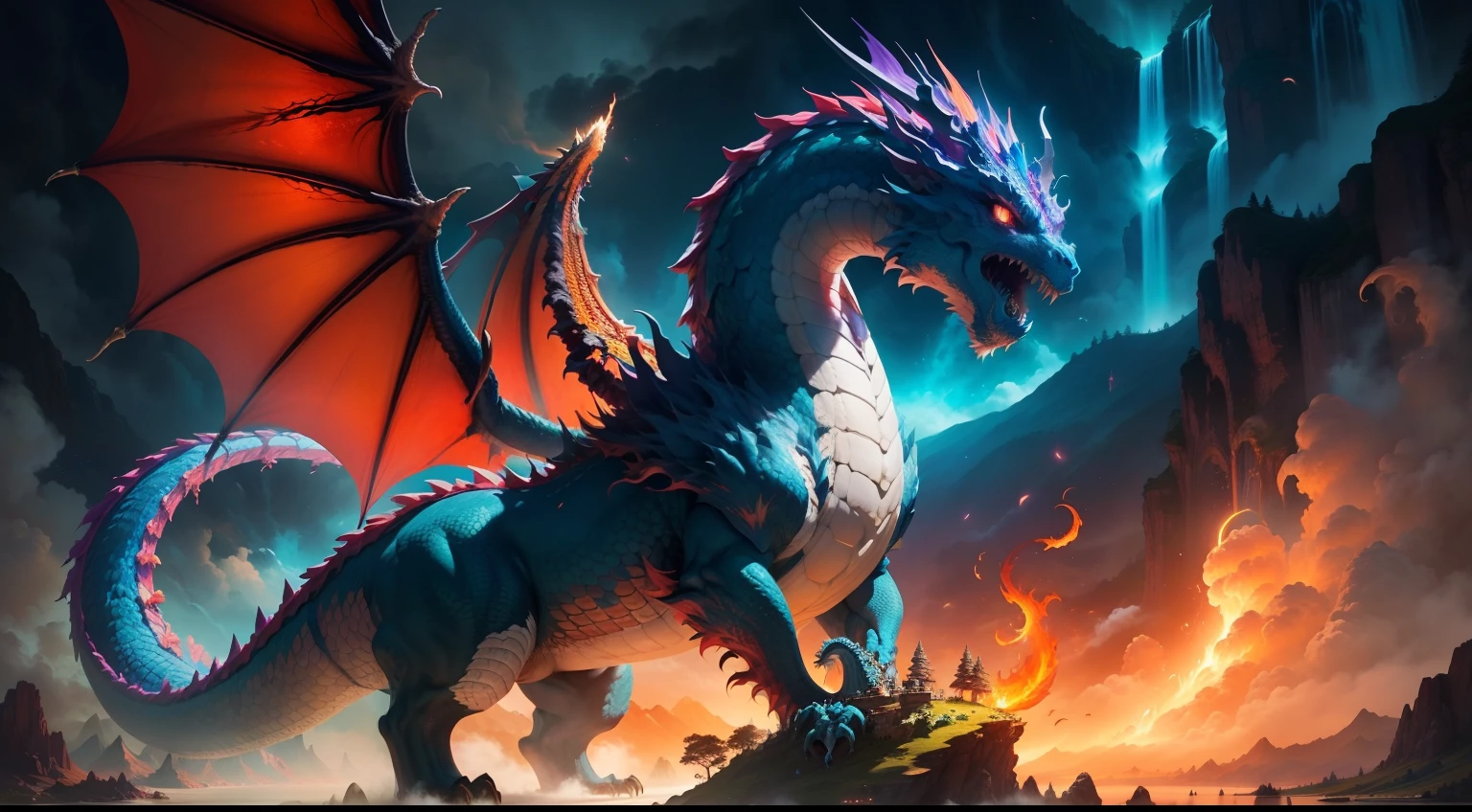"Create a vibrant artwork depicting a colossal, multicolored King Dragon reigning over the mystical Dragon Universe. Capture its grandeur as it breathes fire, surrounded by lush landscapes, cascading waterfalls, and loyal dragon guardians. Let the colors and magic of this world come alive on the canvas."