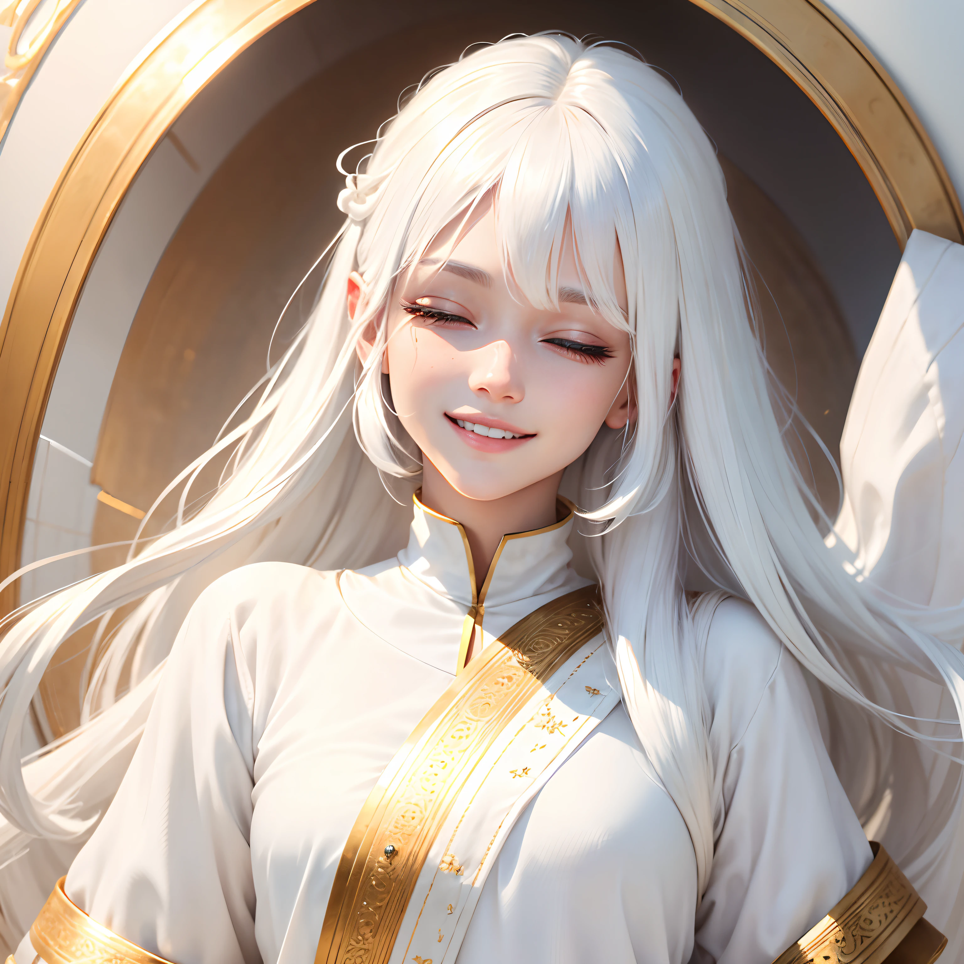 best quality, white hair, gold eyes, white clothes, looking up, upper body, hair strand, Fair skin, smiling, One eye is closed